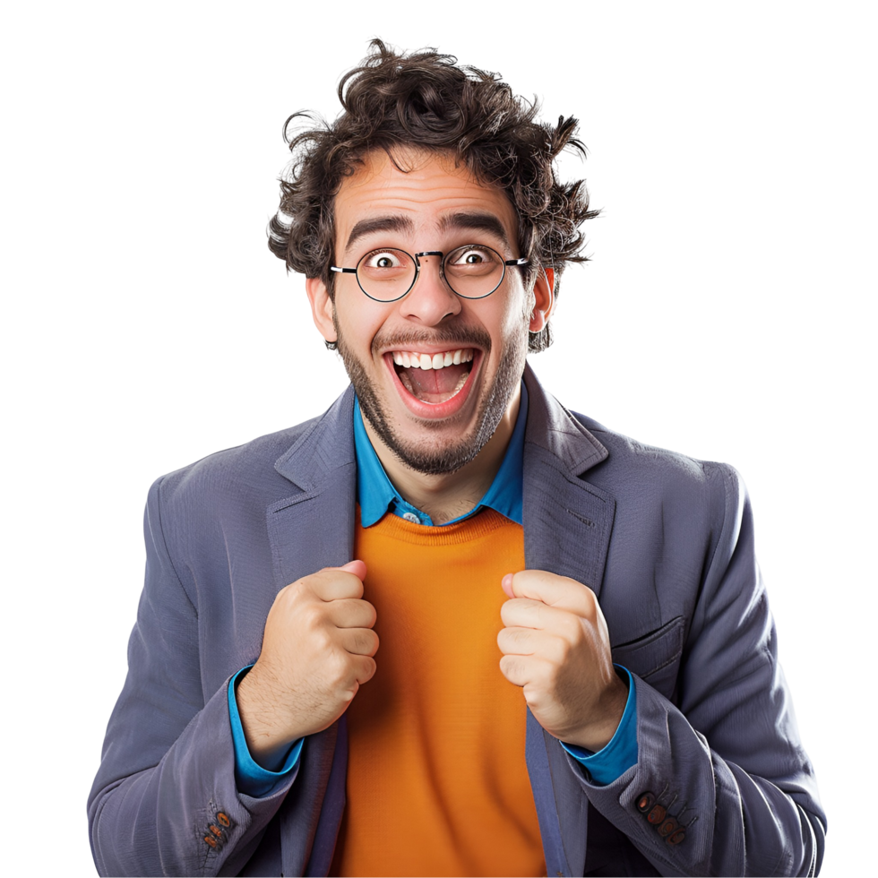 a man in glasses and an orange shirt is making a fist png