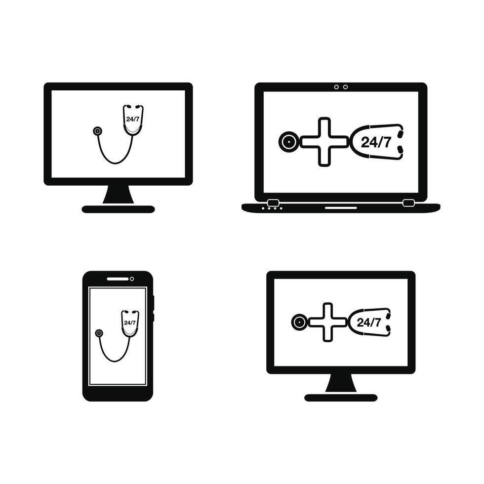 24 7 Online Medical Service Icon Set. Flat Style . vector