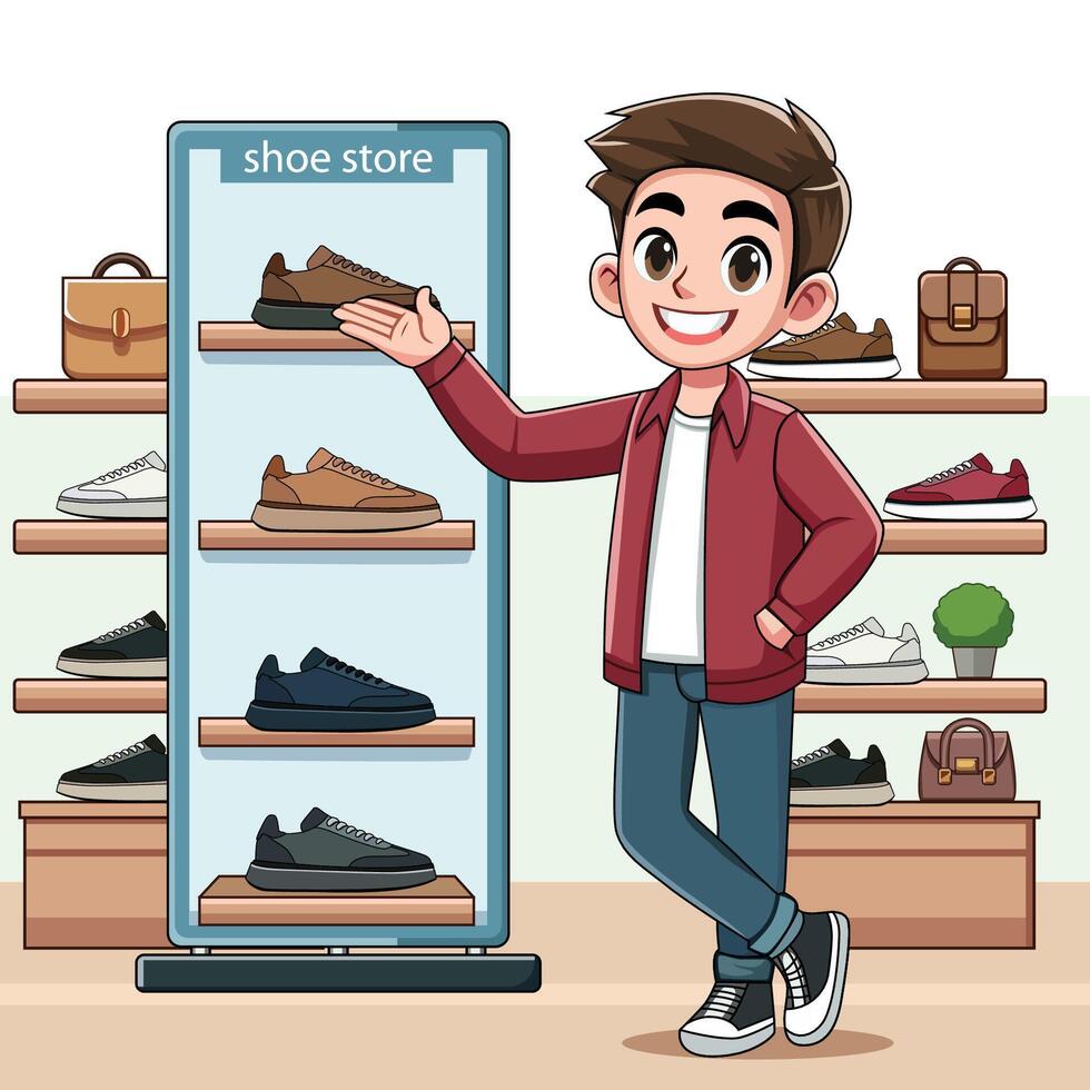 With a friendly smile, the salesman greets customers who step into the store specializing in classic and athletic shoes. vector