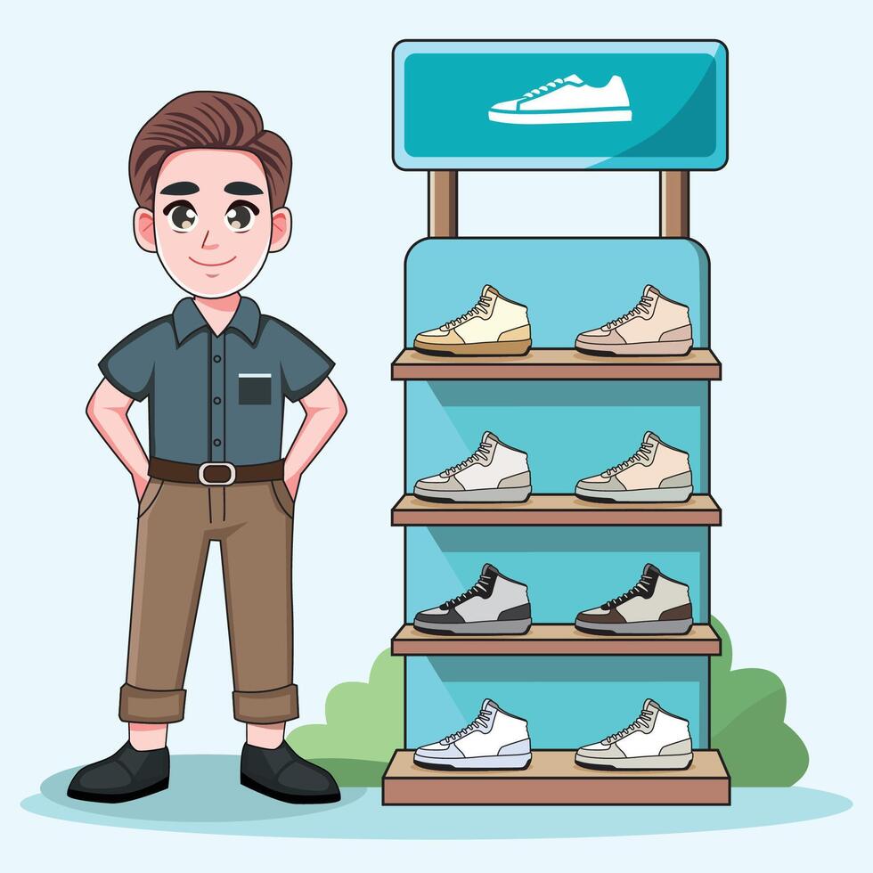 The salesperson displays a wide range of athletic footwear within the specialized store. vector