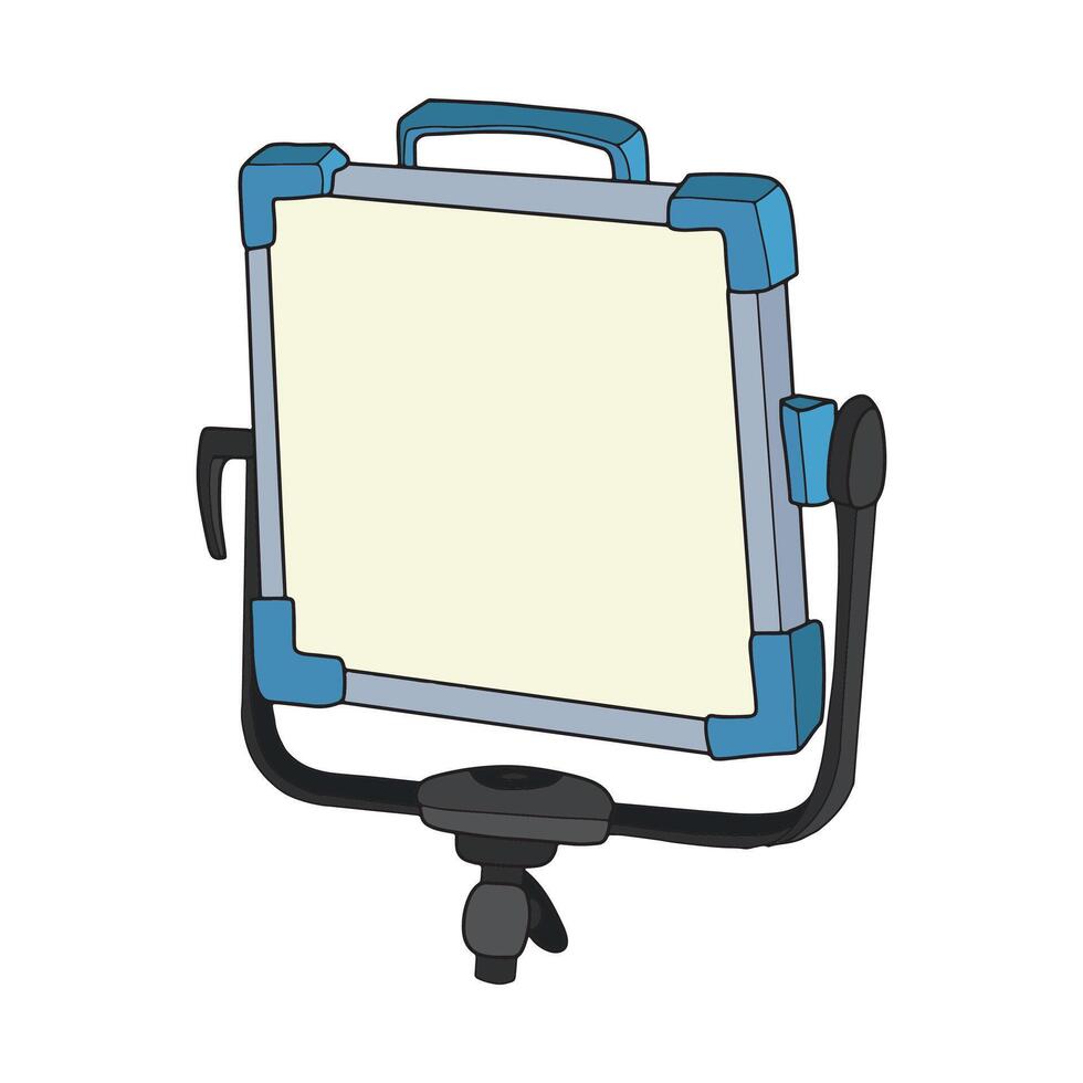 Illustration of a portable LED light panel used in photography and videography. The light panel has a square shape with blue and black accents, mounted on an adjustable stand vector