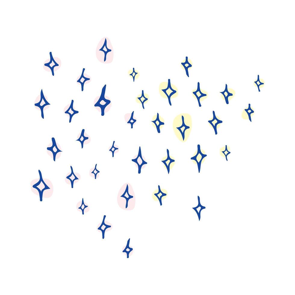 Abstract illustration of scattered blue and yellow stars on a white background. The stars are varying in size, creating a whimsical and playful pattern perfect for decoration vector