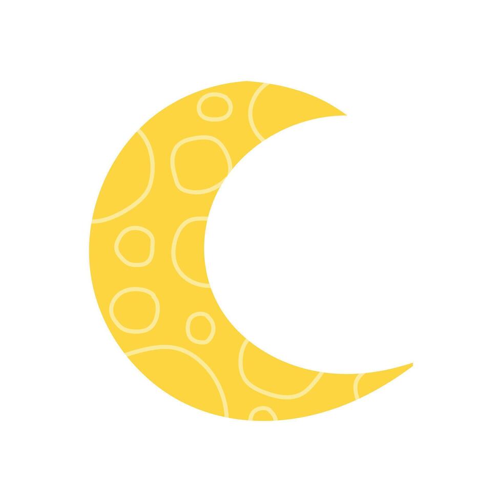 A whimsical yellow crescent moon with circular patterns on its surface, set against a white background. The simple, cartoon-style design exudes a playful and charming nighttime theme vector