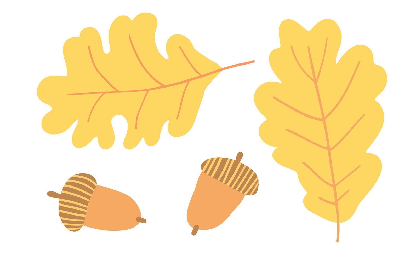 Illustration of two yellow oak leaves and two acorns, symbolizing autumn. The simple design captures the essence of fall with warm tones and natural elements, perfect for seasonal themes vector