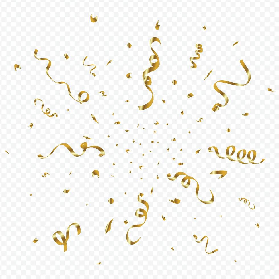 Golden confetti and party tinsel explosion. Party, anniversary, birthday celebration elements falling in the background. Birthday celebration gold foil and confetti. vector