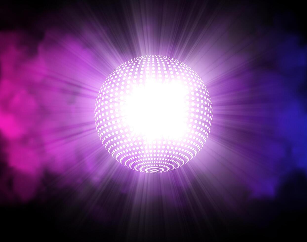 Party background with disco globe light rays. Purple and blue color smoke and white ball. vector