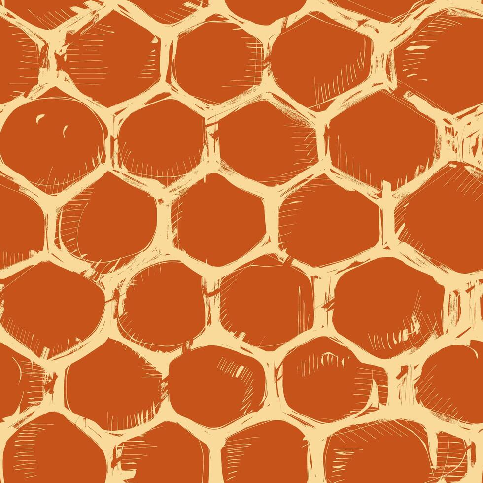 A grungy, hand-drawn honeycomb seamless pattern on orange background vector