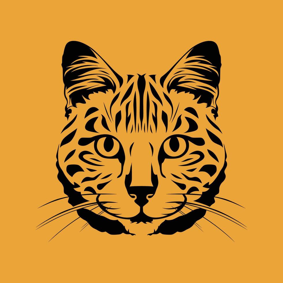 Serval cat face front view silhouette drawing on gold background vector