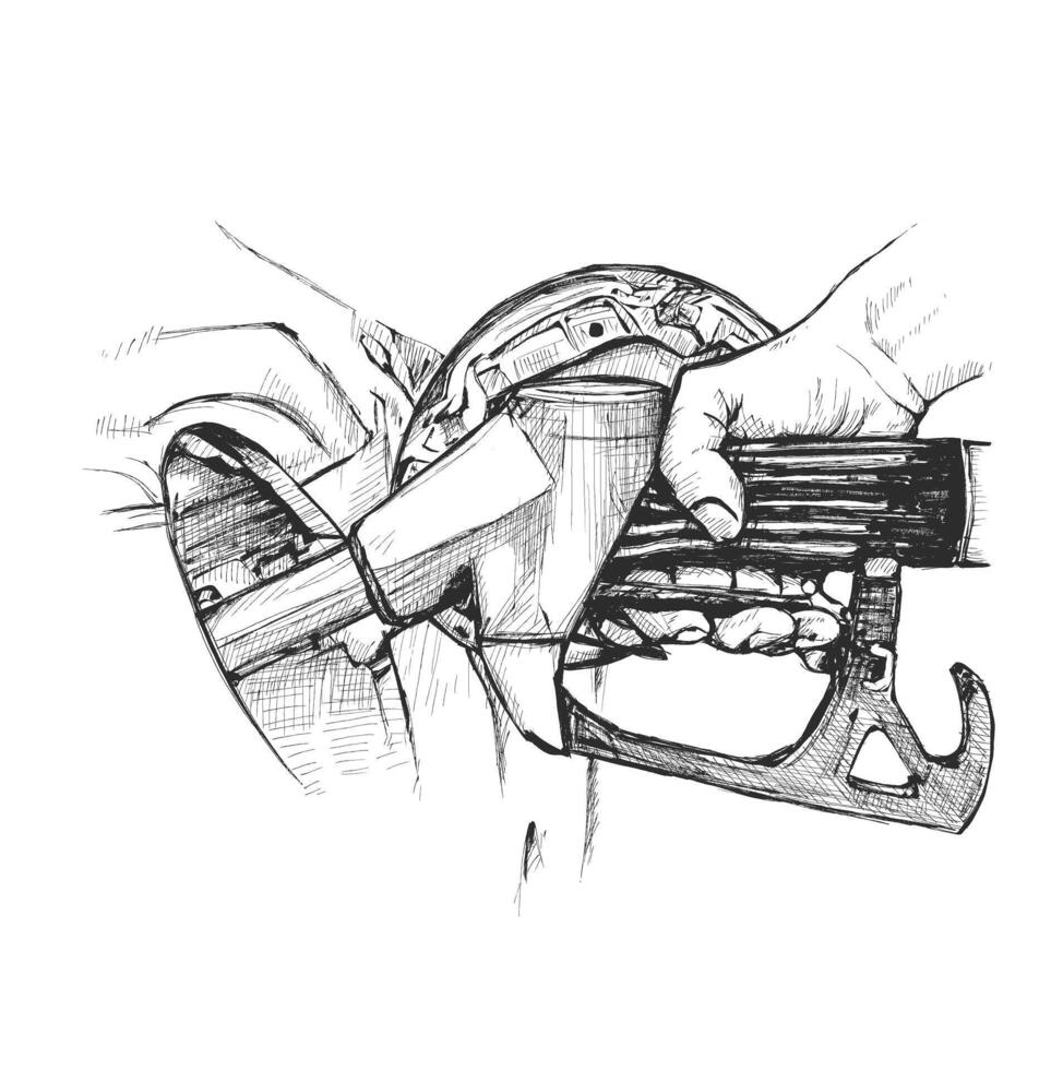 A hand holds a blue gas pump nozzle inserting it into a red car's gas tank. Hand drawn illustration vector