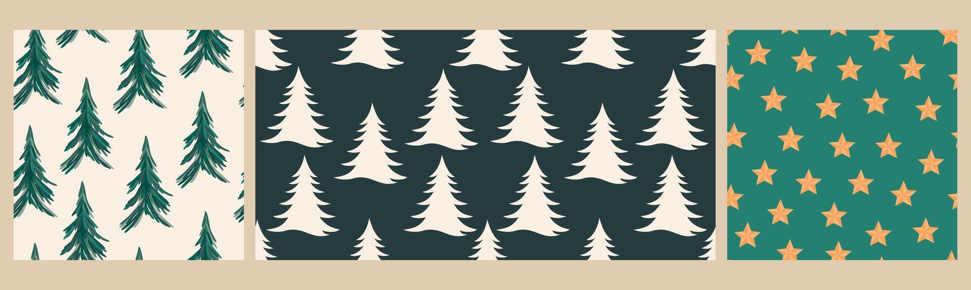 set of seamless Christmas patterns. Firs and stars vector