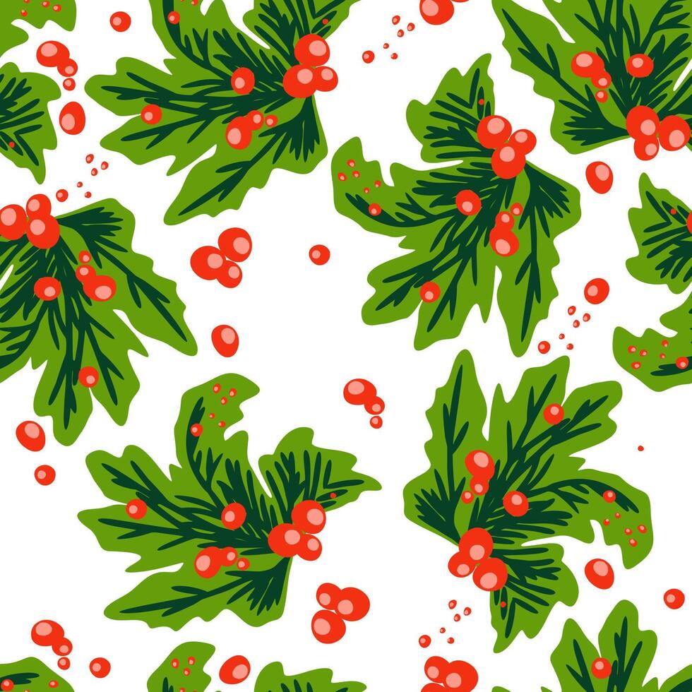 seamless pattern with chrisrmas branches woth holly berries on white background vector