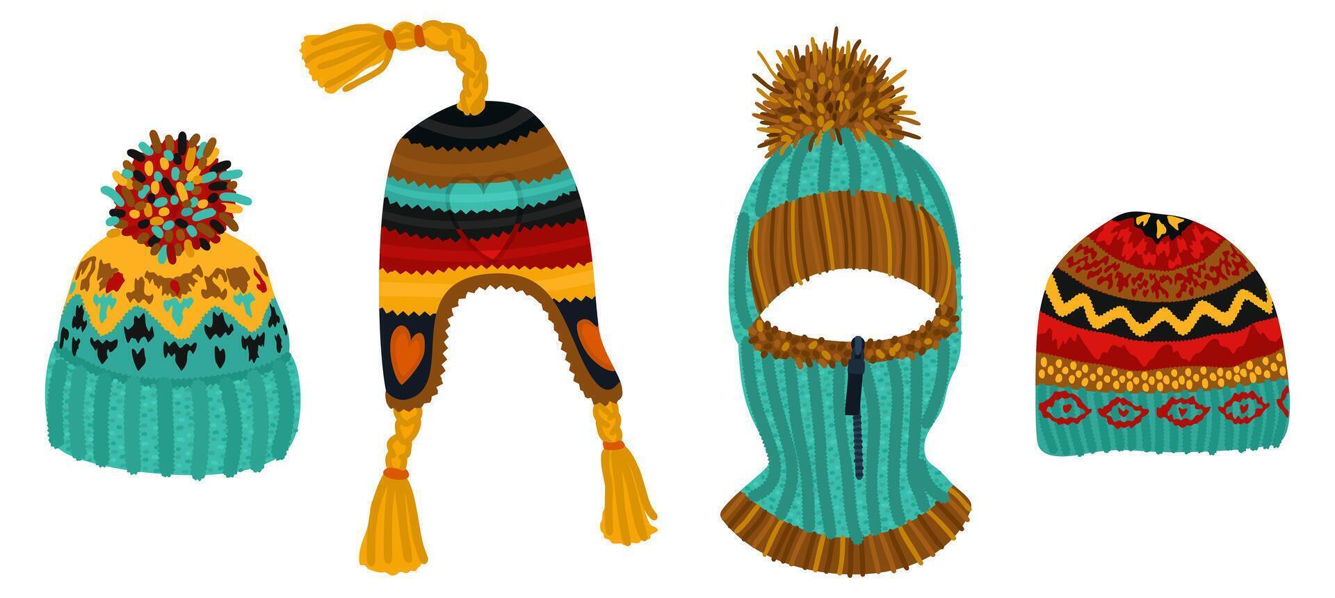 set of bright warm knitted winter hats isolated on white background vector