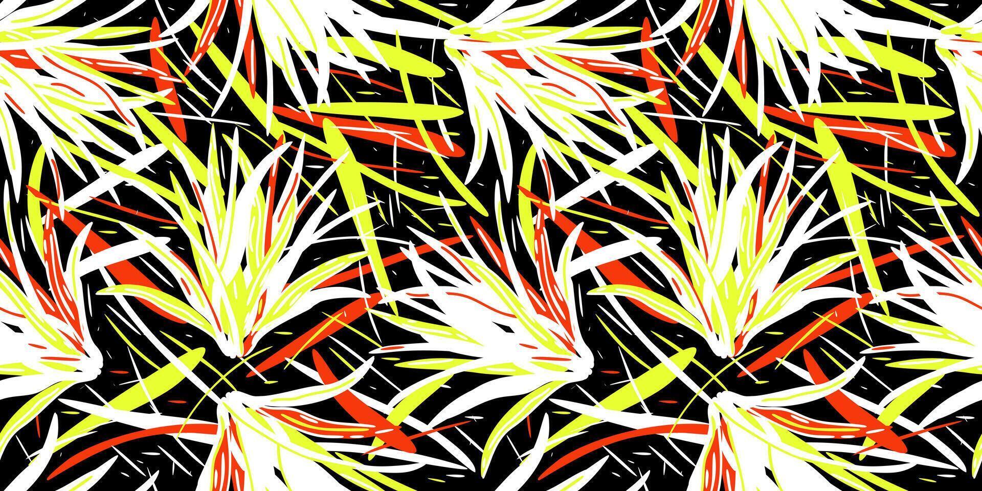 seamless pattern with bright long exotic leaves on black background vector