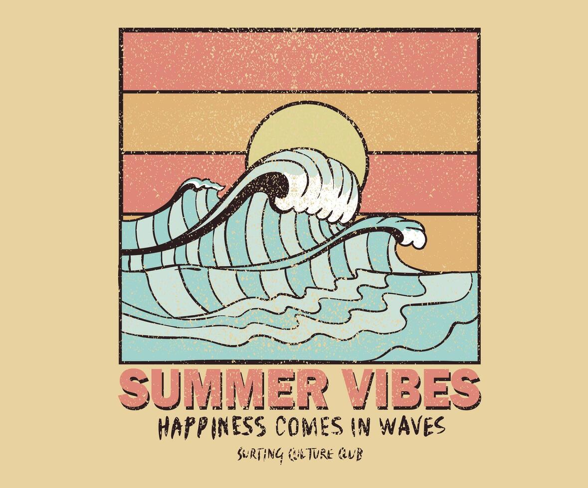 Sunshine paradise vibes t shirt print design. Sun vintage artwork. Abstract ocean wave. Happiness comes in wave. vector