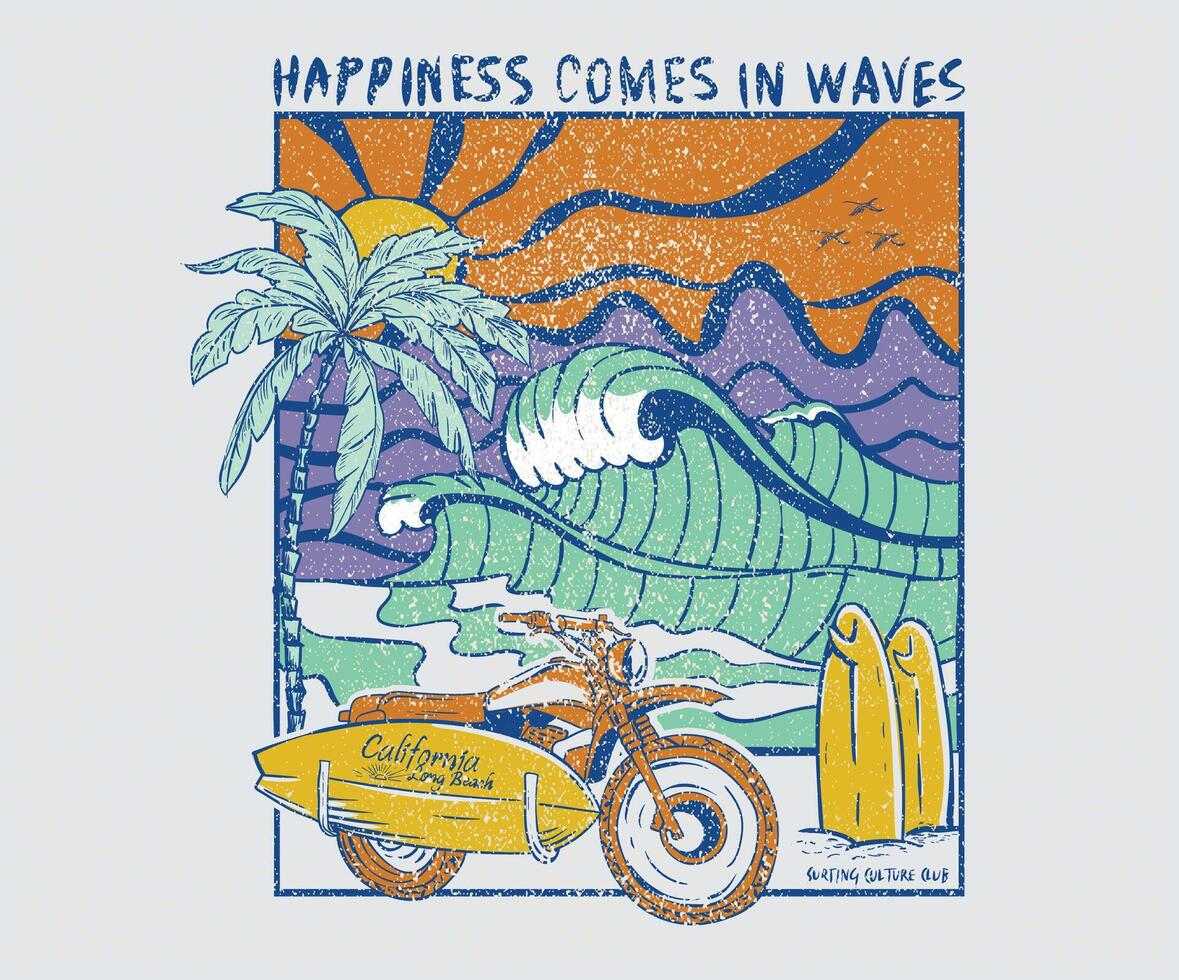 Motorcycle beach ride. Big wave artwork. Sunshine Surf club artwork. Enjoy beach life. Summer vibes artwork. Surf club design. vector