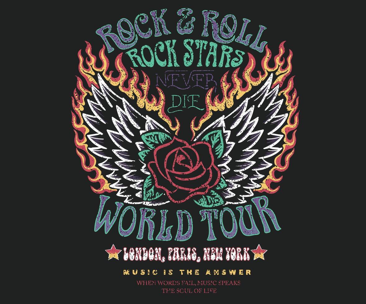 Rock star never die. Eagle wing with fire. Rock and roll graphic print design for apparel, stickers, posters and background. Eagle fly artwork design for shirt and others. Rose flower artwork. vector