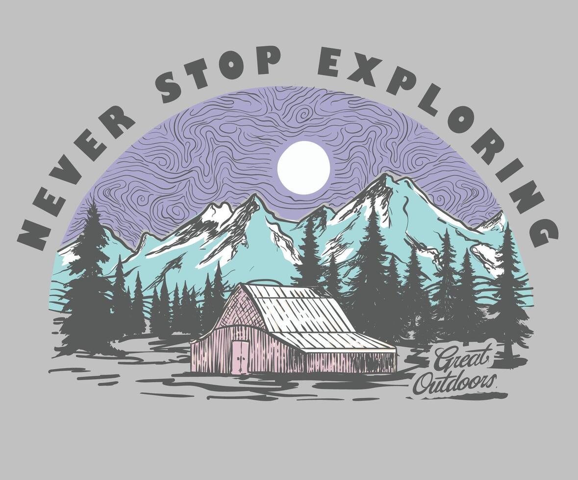 Never stop exploring. Explore the great outdoors, mountain with sunset. Vintage mountain graphic artwork for t shirt. Hill peak adventure vintage print design. Adventure is calling. vector