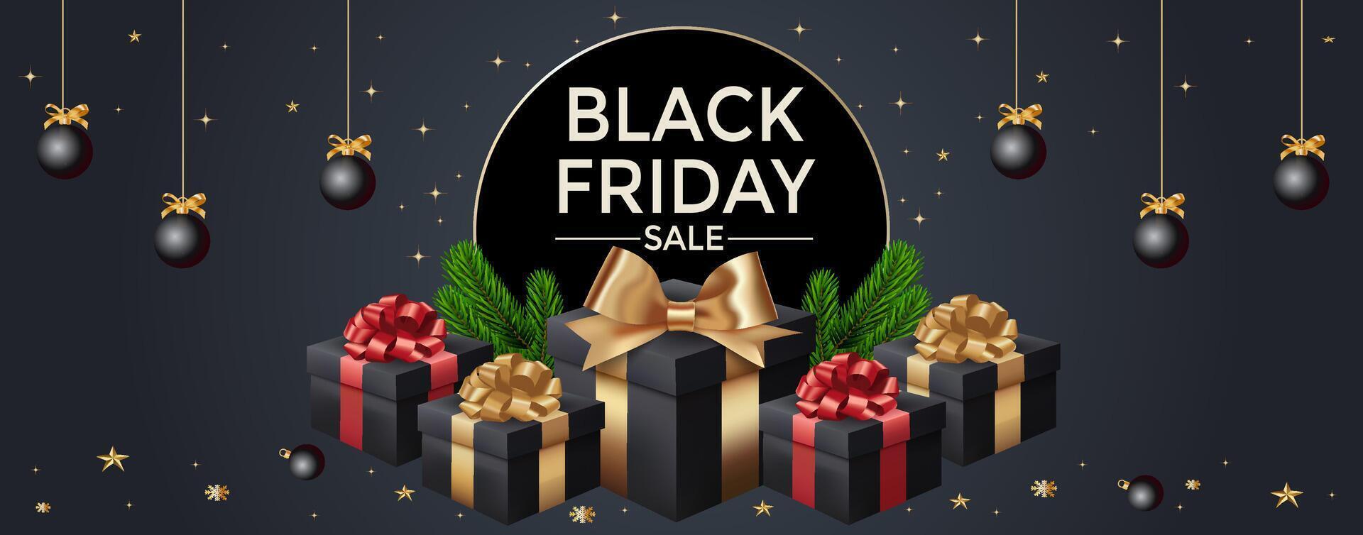 Black friday sale banner with gift boxes and festive decorations vector