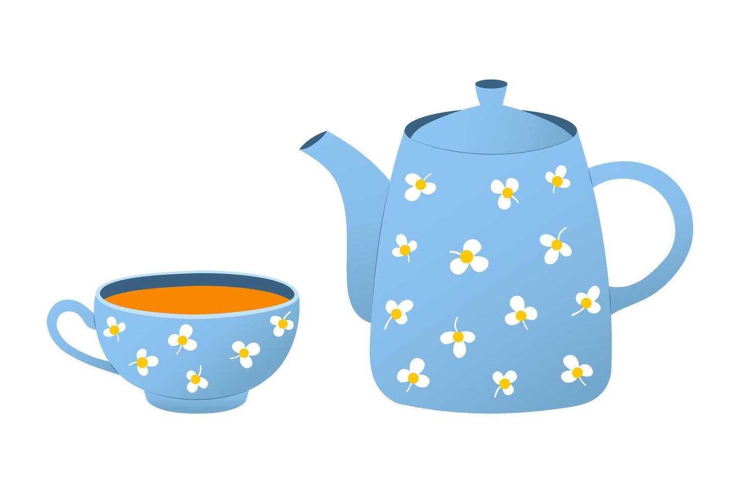 Blue Floral Teapot and Teacup Set on White Background - Modern Beverage Tableware Design. vector