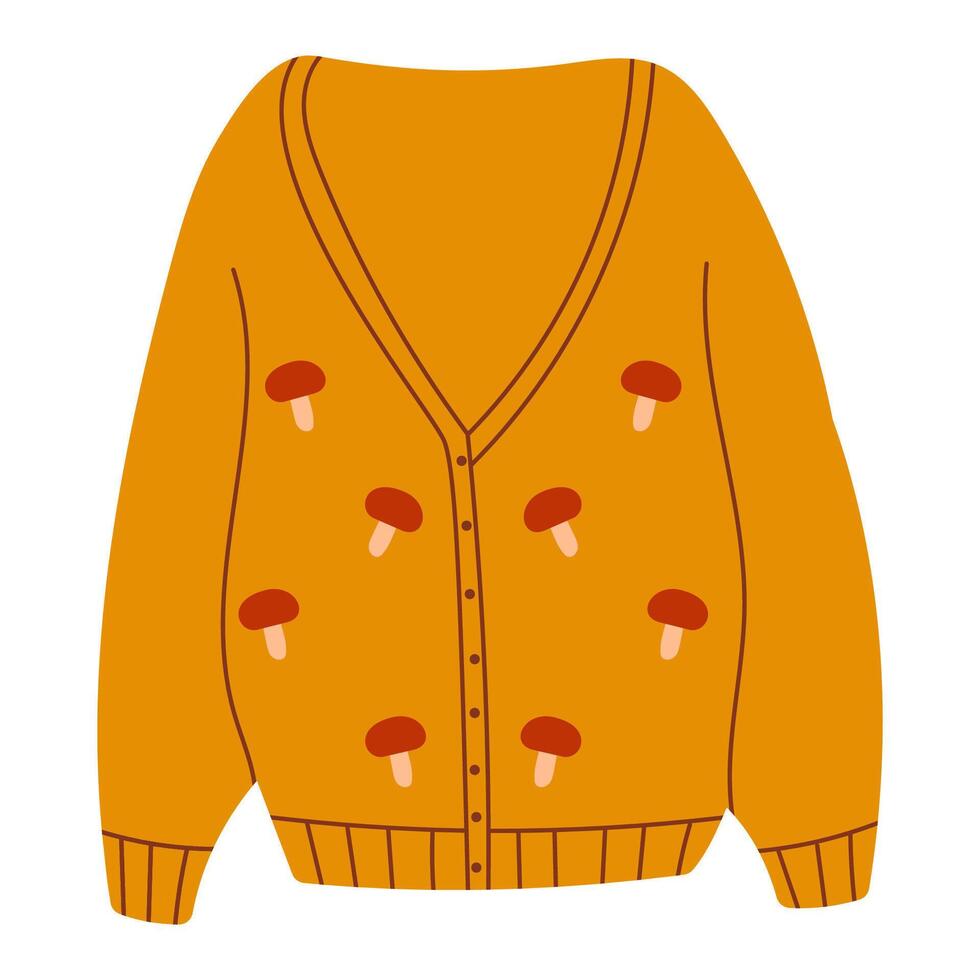Hand drawn illustration of a Cozy Mustard Cardigan with Mushroom Embroidery isolated on white background vector