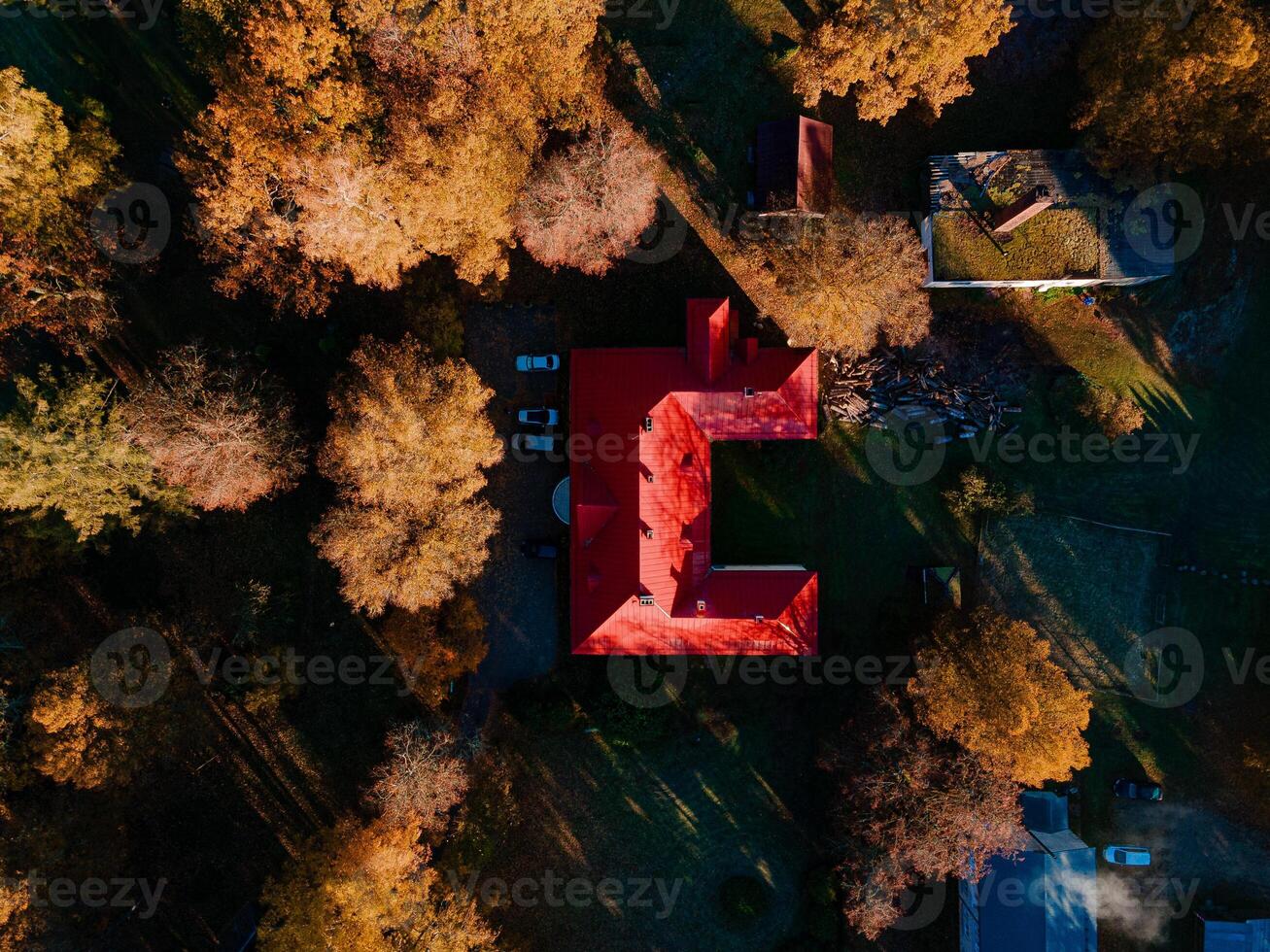 Aerial view of a house in the middle of a forest during the autumn, photo