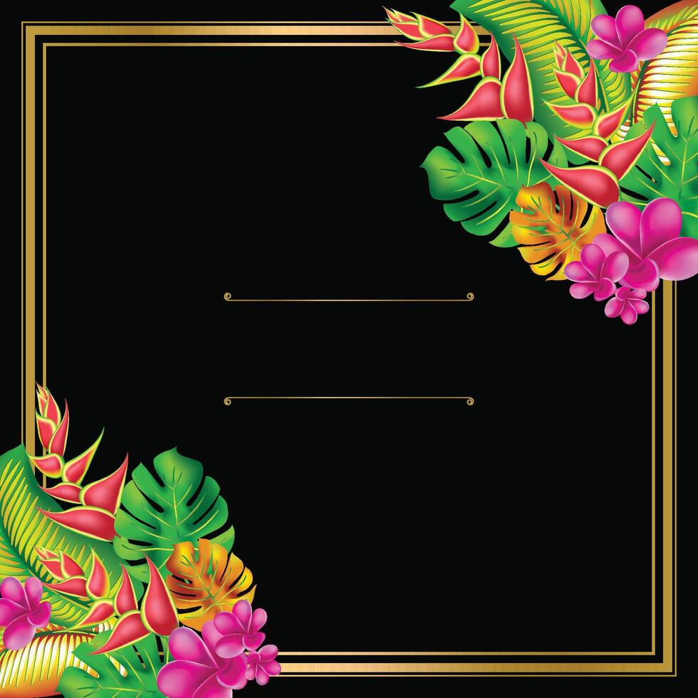 Palm monstera leaves with hibiscus and pink plumeria flowers abstract background template. Tropical exotic flower Frame. Trendy summer exotic flower card. vector