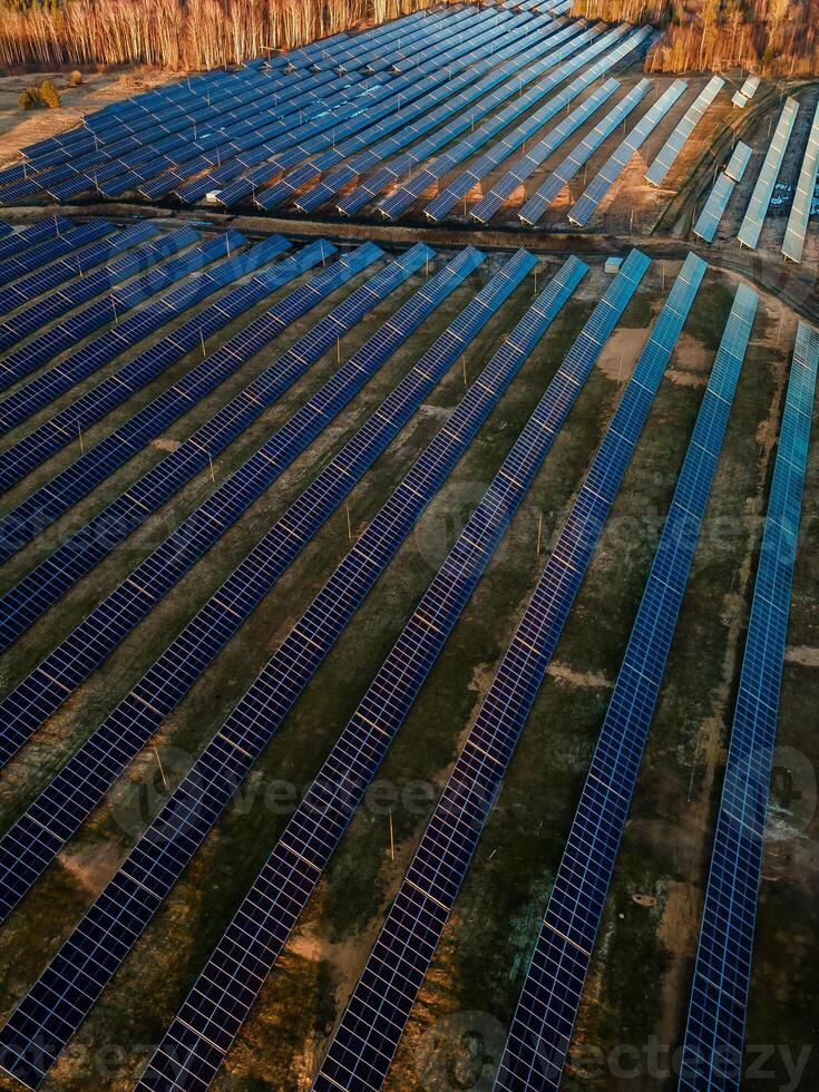 Aerial view of a large solar farm at sunset with rows of photovoltaic panels amidst a natural landscape, showcasing renewable energy photo