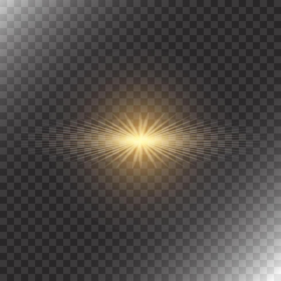 Bright flattened glowing shining star with many sharp rays. warm yellow light burst on transparent background vector