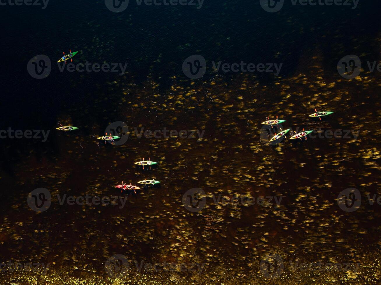 Group of colorful kayaks in a row on a dark water river with surrounding greenery photo