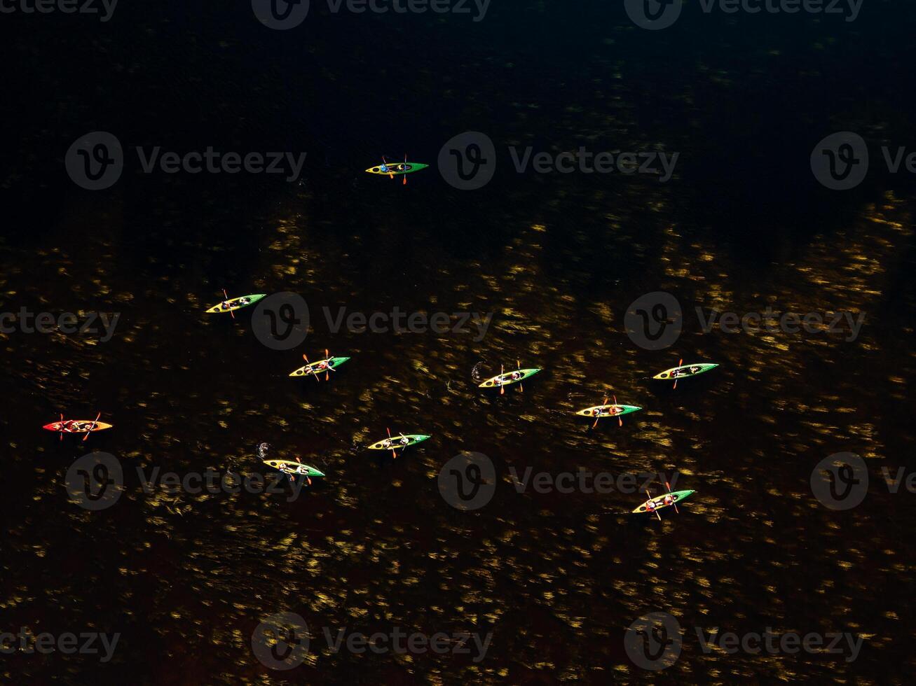 Group of colorful kayaks in a row on a dark water river with surrounding greenery photo