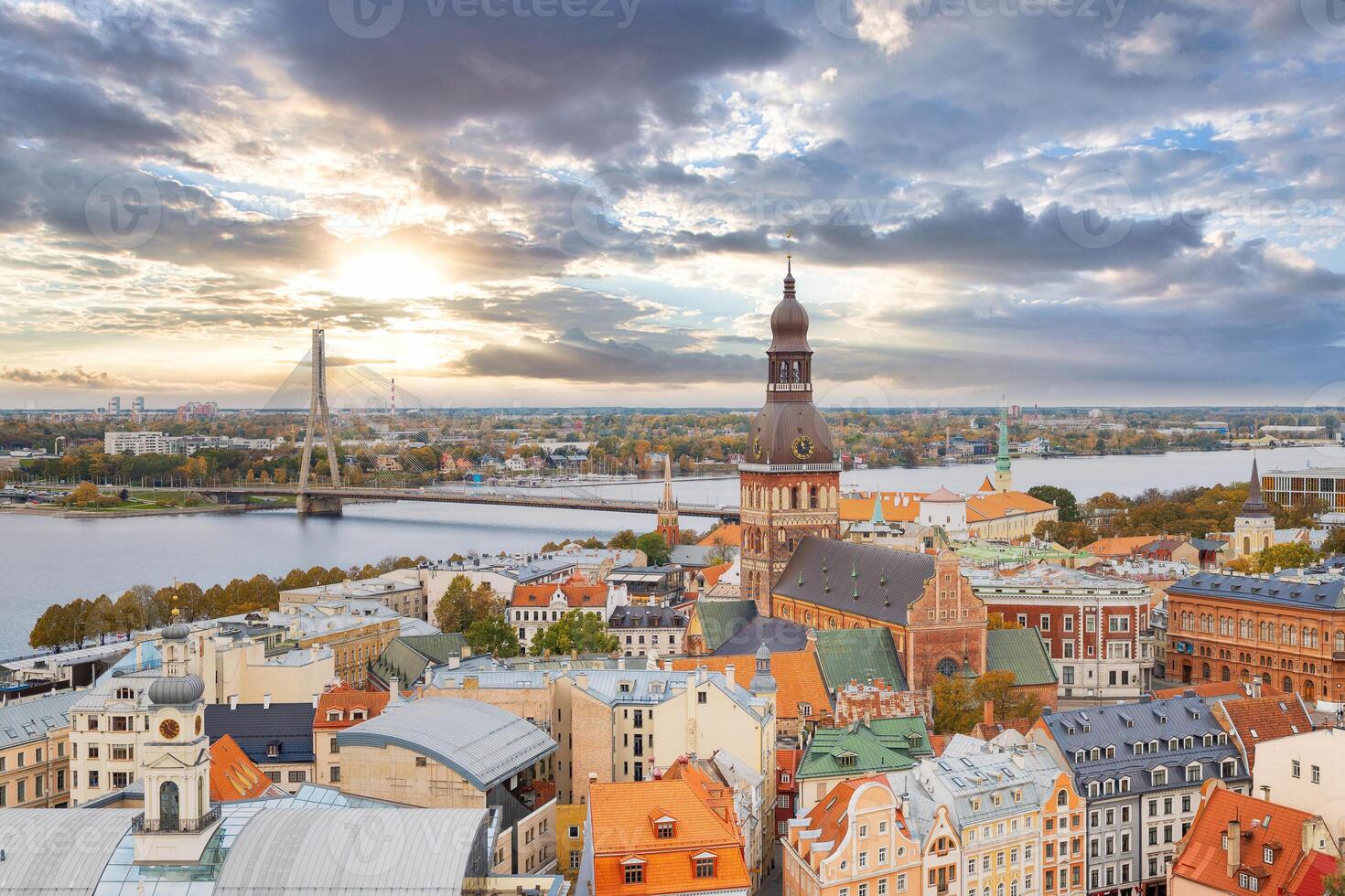 Beautiful aerial Riga view from above View from the St Peters cathedral during sunset photo
