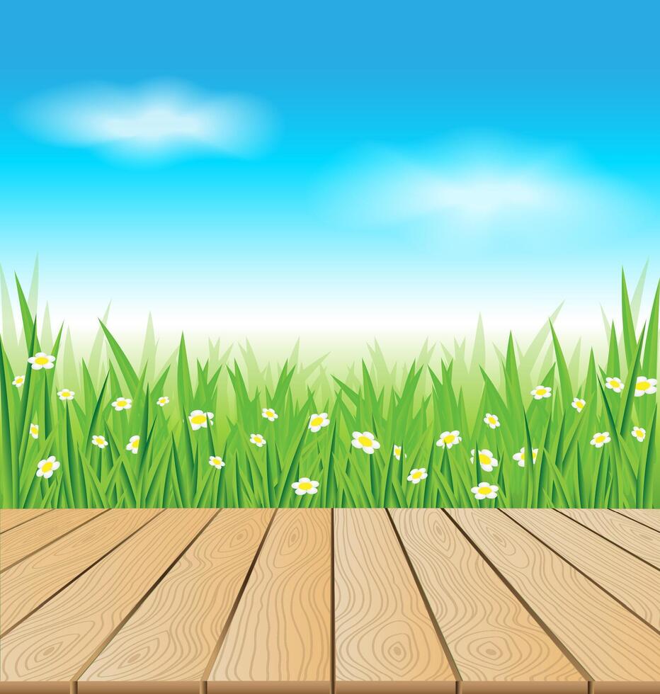 Wooden Deck Overlooking Green Field with flower vector