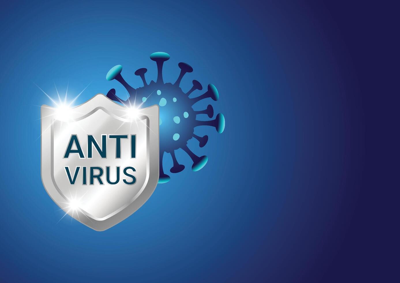 Silver shield with virus or bacteria cells on blue background for virus protection concept vector