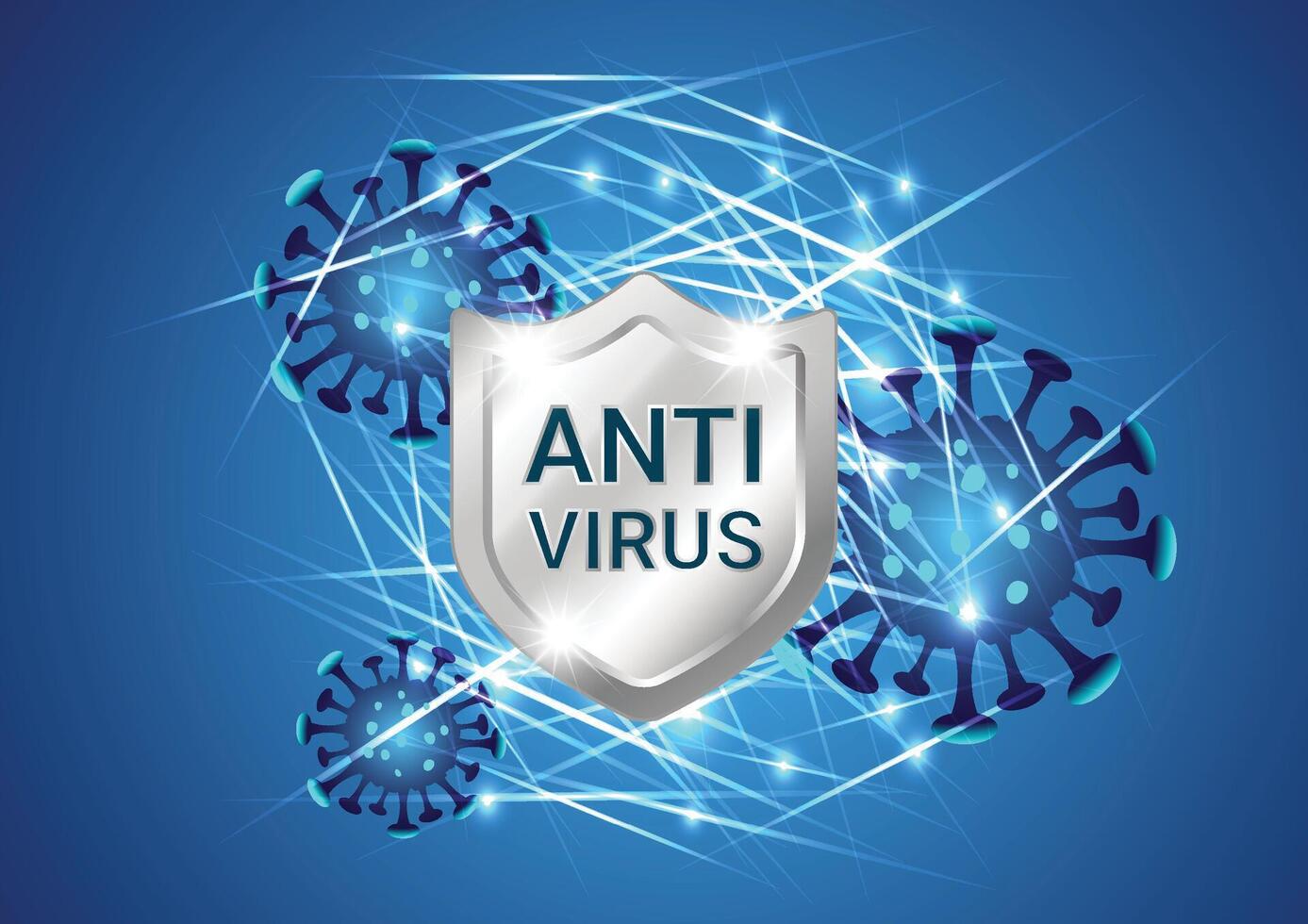 Silver shield with virus or bacteria cells and laser light on blue background for virus protection concept vector