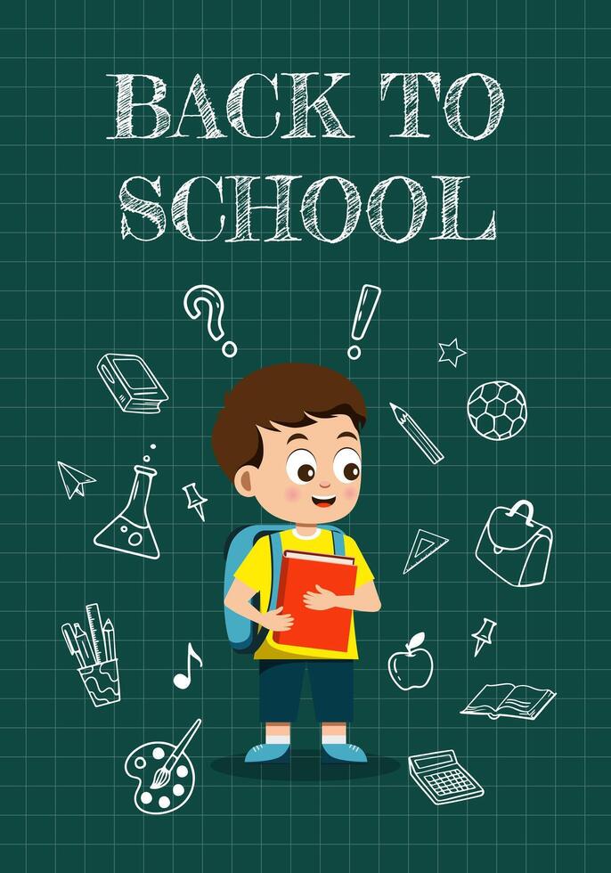 Child with Backpack on Chalkboard Background with 'Back to School' Text vector