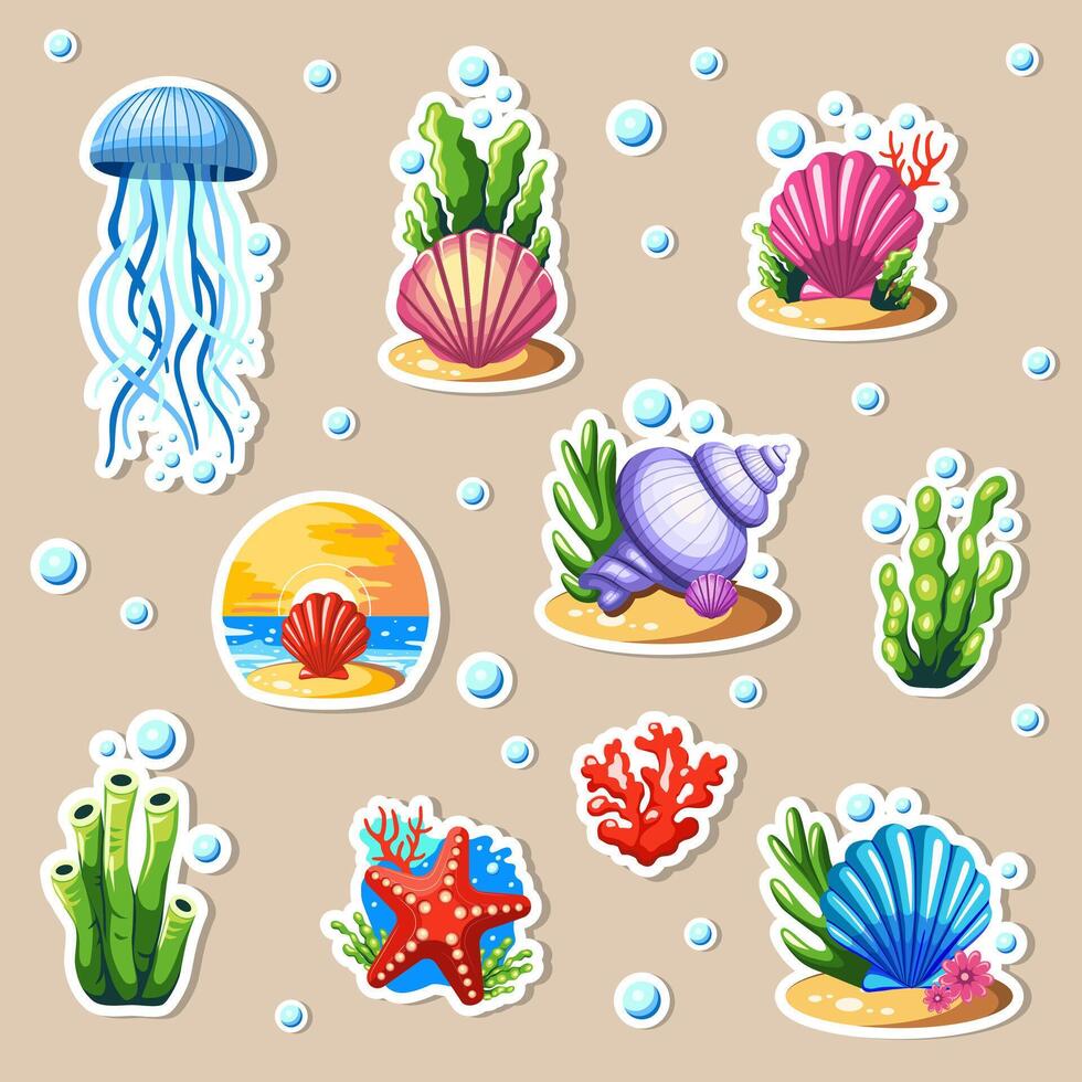 Sea shell stickers set. Summer icon sticker set vector