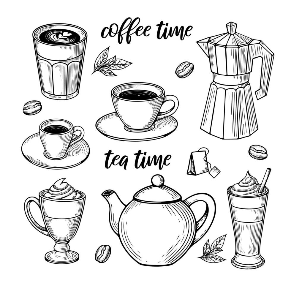 Line Drawing Illustration of Coffee and Tea Time with Various Beverage Elements vector
