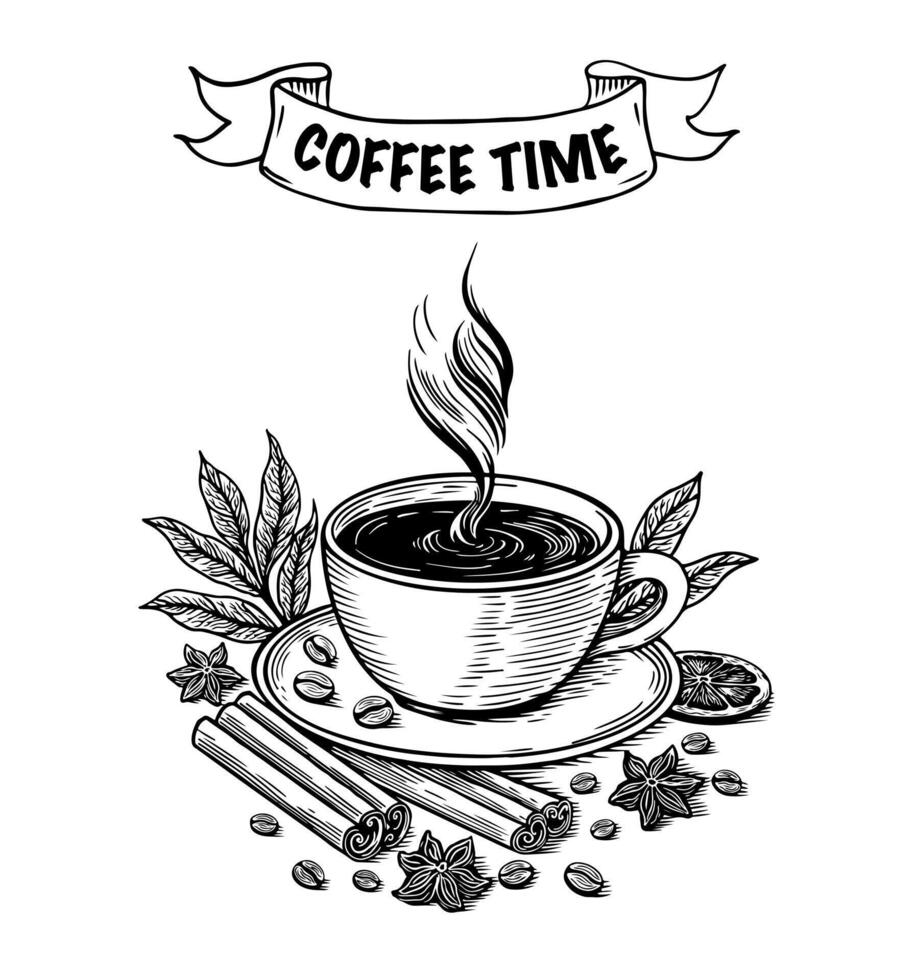 Line Drawing Illustration of Coffee Cup with 'Coffee Time' Banner and Spice Elements vector