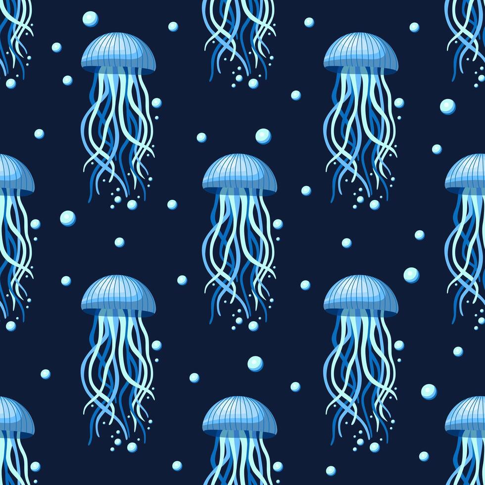 seamless pattern of jellyfish and bubbles on a dark background vector