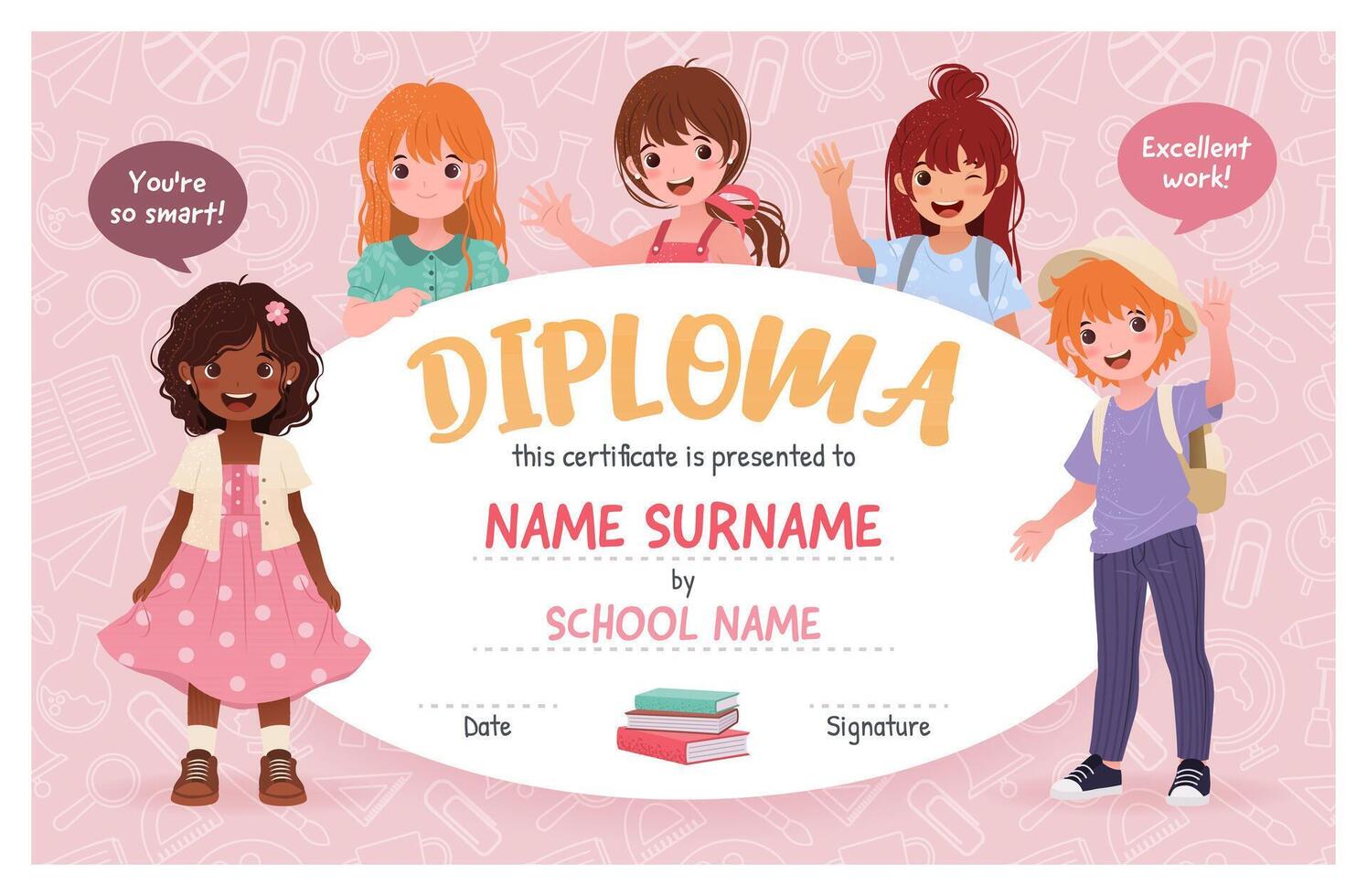 Horizontal Diploma Certificate for School and Preschool Children in Kindergarten or Primary grades. Layered Template with Cute Cartoon Boy and Girls on a Pink Background. Diverse Kids. vector