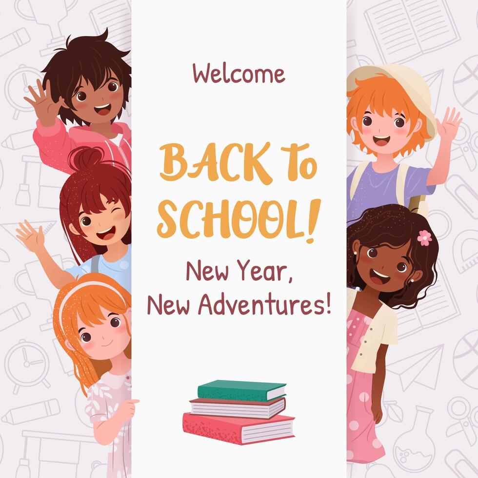 Square banner template with little preschool kids for educational designs, promotions, greeting cards, and educational events. illustration featuring cartoon children and a stack of books. vector