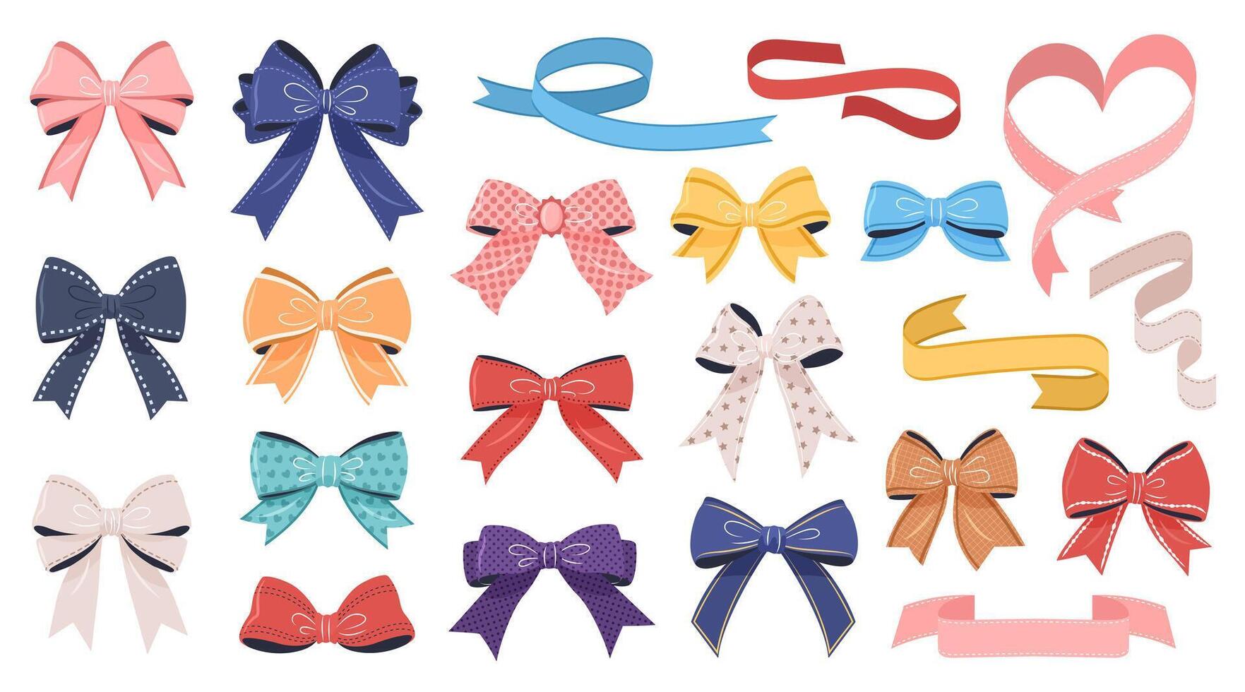 Multicolored patterned bowknot and ribbons collection. isolated gift bows on a white background. These festive illustrations can be used for decoration, celebrations, weddings and party designs vector