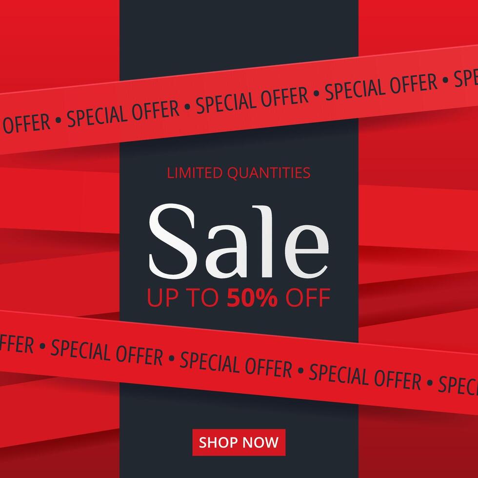 Square Sale banner with crossed tape ribbons and stripes. Red abstract discount background for promotion, Big Sale, Special Offer, advertising, leaflets, flyers, social media post. illustration vector