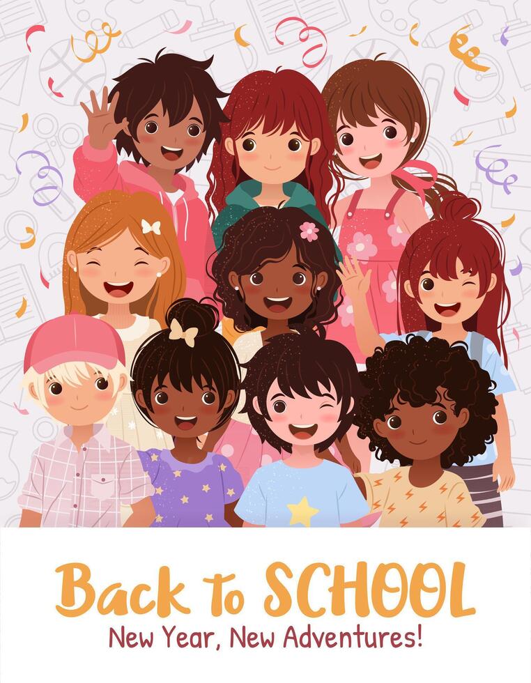 Welcome Back to School Banner. Vertical Template featuring Little Boys and Girls for Educational Designs, Promotions, Greeting Cards, and Events. illustration with Cute Cartoon Children. vector
