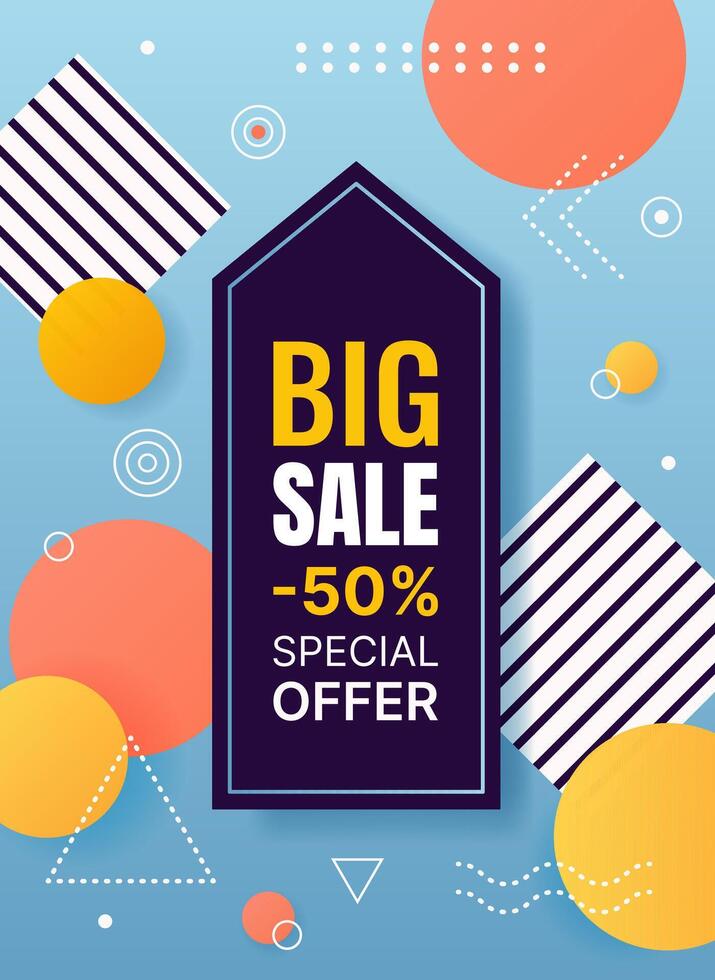Vertical Sale banner with geometric shapes, lines, dots. Background in Memphis style for promotion, social media post, advertising, Summer Sale, Black Friday. template. vector