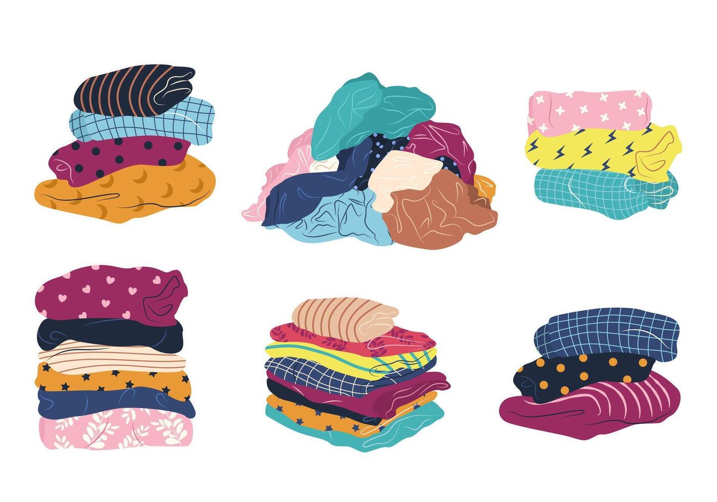 Stack of clean, ironed and dirty items of clothing. Set of folded multicolored clothes, apparel and garments, including sweaters, plaid, shirts, blanket. Isolated illustrations on white. vector