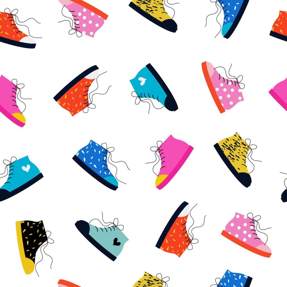 Multicolored seamless pattern with sneakers. Flat training shoes on a white background. Stylish sportswear. Casual footwear pattern for prints, textiles, and sports designs. illustration. vector