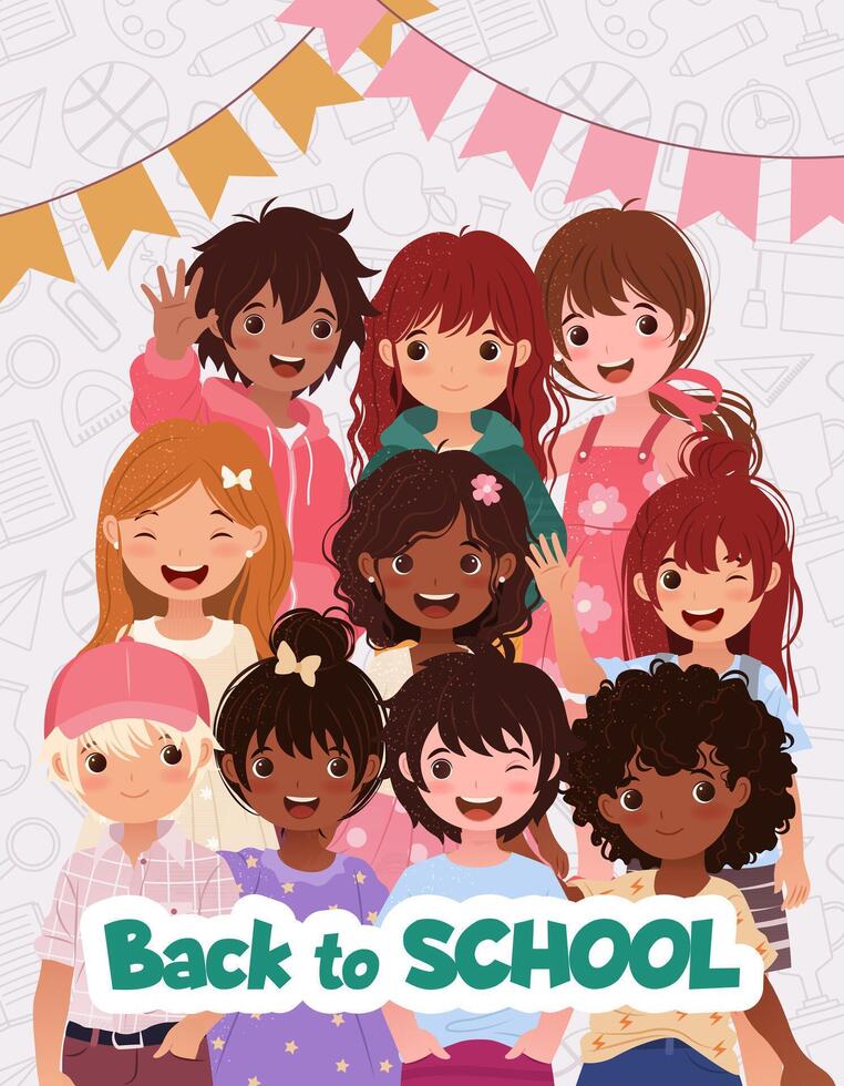 Welcome Back to School Banner. Vertical Template featuring group of Little Boys and Girls for Educational Designs, Promotions, Greeting Cards, Events. illustration with Cute Cartoon Children. vector