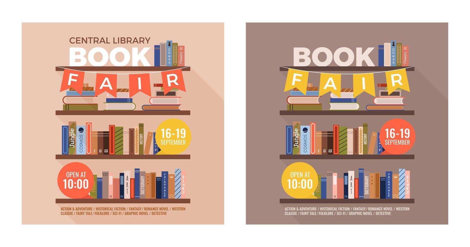 Set of book fair or festival square posters for advertising, promo, invitation, sale. Shelves with various books. multicolored banner. Education and fun event concept. World book day. vector
