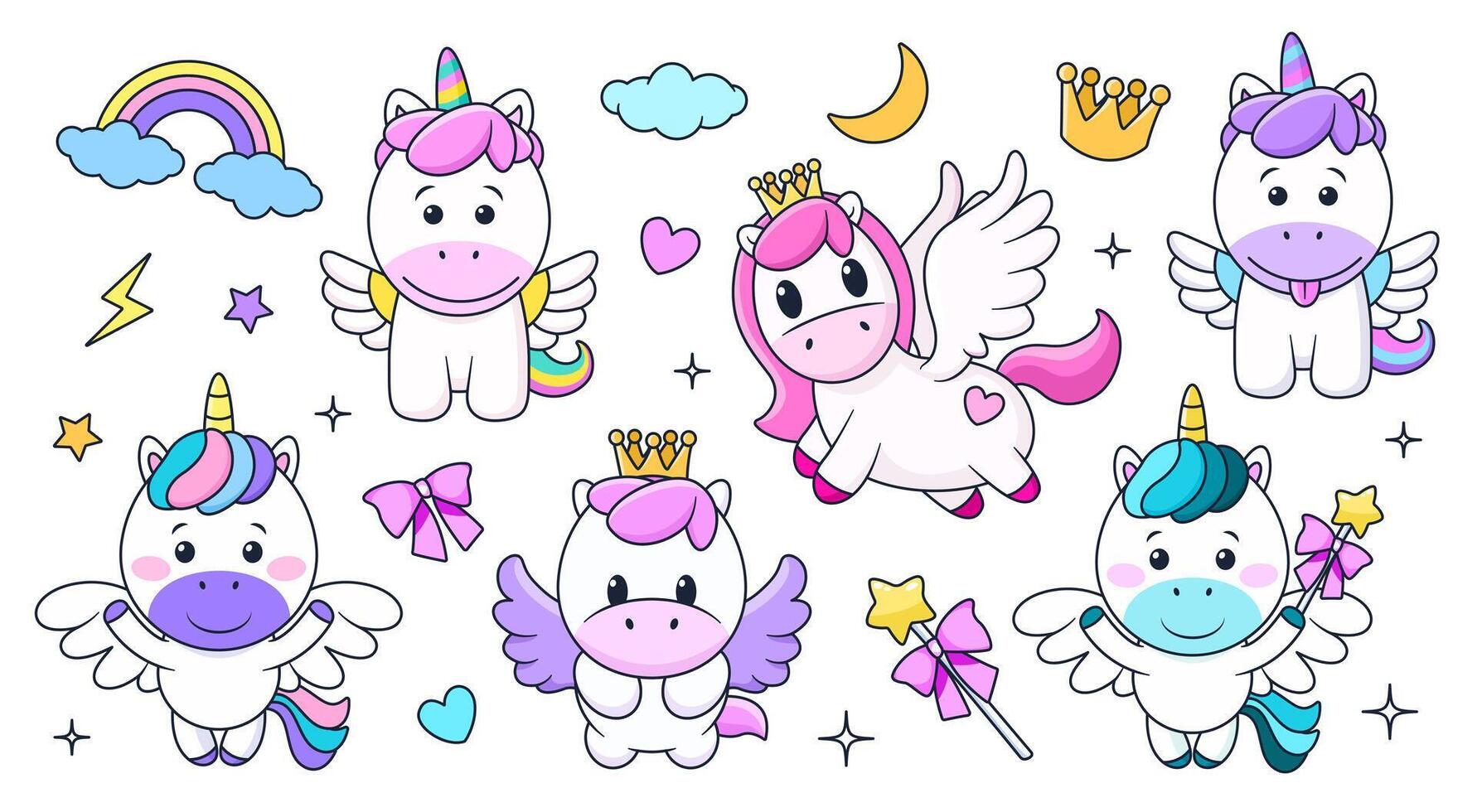 Bundle with cute cartoon unicorn and pony. isolated illustrations for childish print, birthday design, invitation, baby shower card, stickers. Clip arts on white background. Magical elements. vector